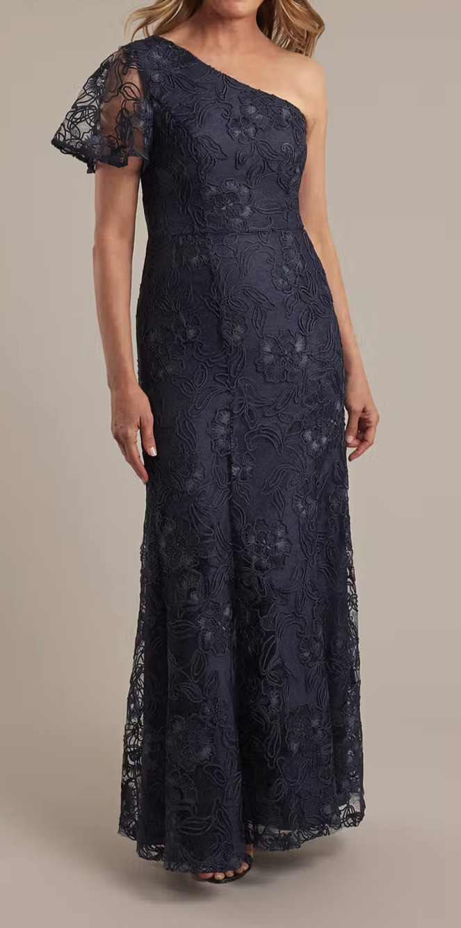 Oleg Cassini One Shoulder Asymmetrical Lace Gown Dress Blue Navy